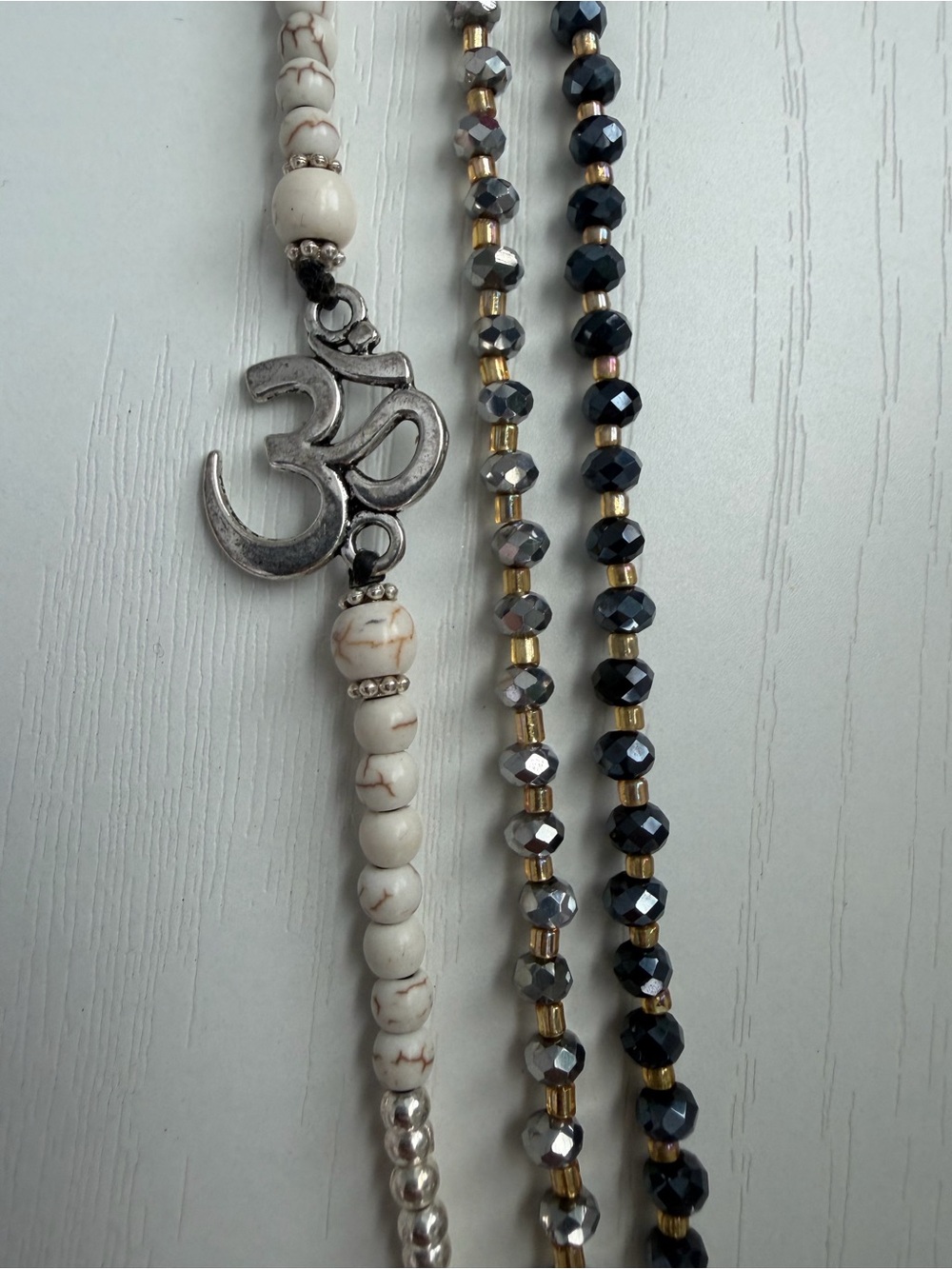 White Howlite and Hematite Anklets with OM Charm set of 3
